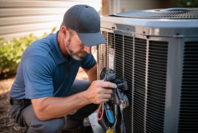 Technician checking to see why heat pump won’t turn on.