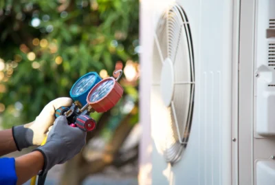 Technician in Lafayette using gauges to test for refrigerant charge.