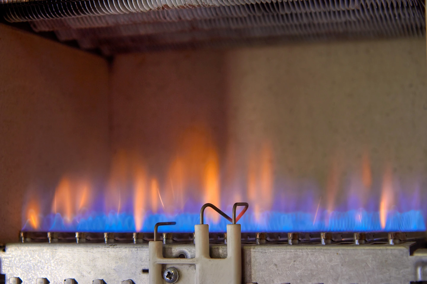 Flames inside a furnace. 