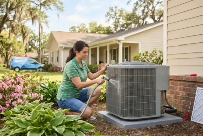 A homeowner performing spring AC maintenance in a Louisiana backyard by clearing debris from an outdoor condenser unit.