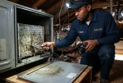An HVAC technician inspecting a dirty evaporator coil to eliminate a musty smell from a residential AC system