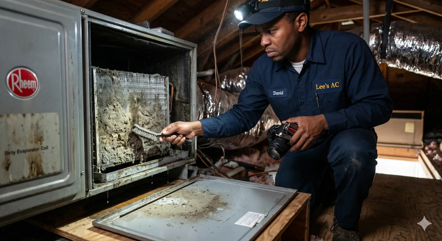 An HVAC technician inspecting a dirty evaporator coil to eliminate a musty smell from a residential AC system