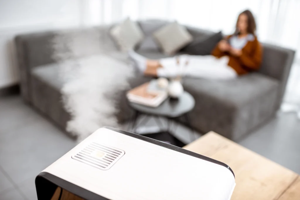 Woman sitting on couch with humidifier on.