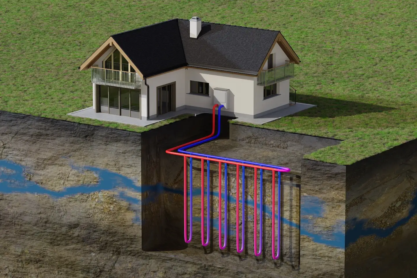 Three dimensional rendering of home with ground source heat pump.