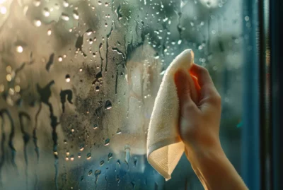 Homeowner in Lafayette, Louisiana using a towel to remove condensation and humidity from a window.