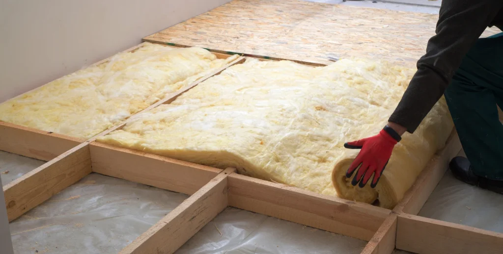 Lee’s Lafayette technician installing a roll of insulation in an attic.