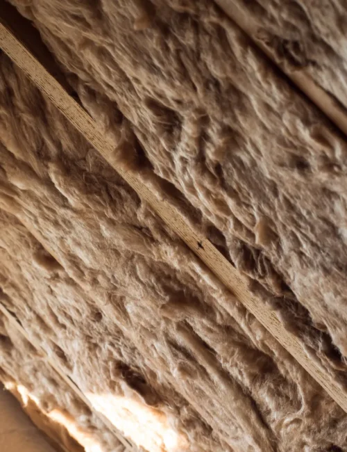 Vertical attic wall with light pink colored insulation.