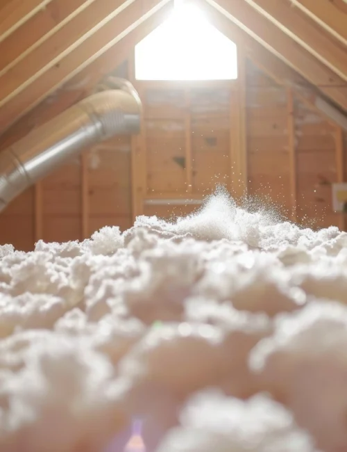 Sunlight shining through the attic window, there is insulation on the floor.