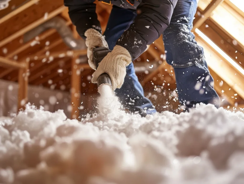 Lee’s Lafayette technician installing blown-in attic insulation